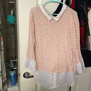 Women’s layered Pink and black Poka Dot blouse with white trim